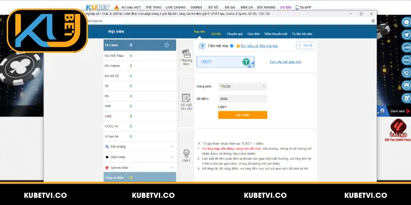 Nạp tiền vào Kubet bằng tiền điện tử USDT